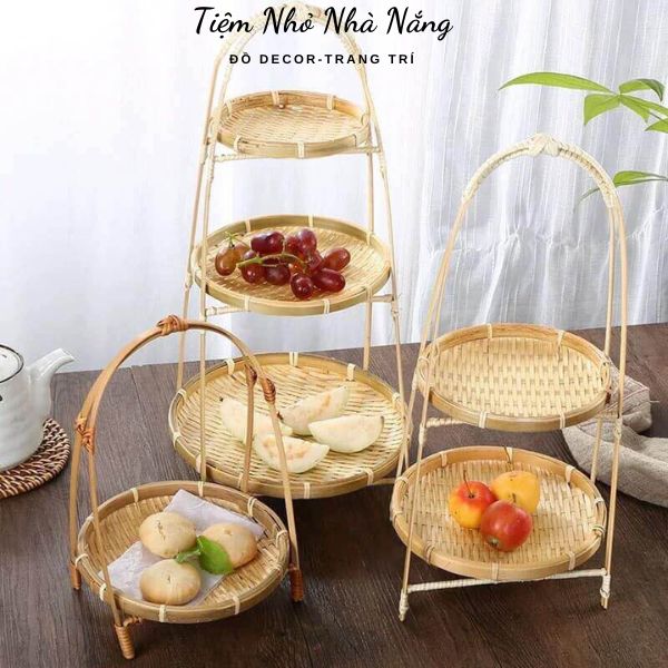 Mẹt tre tầng mây tre đan trang trí decor, quang mẹt tre loại 1, 2, 3 tầng mini để hoa quả, đồ ăn trang trí chụp ảnh