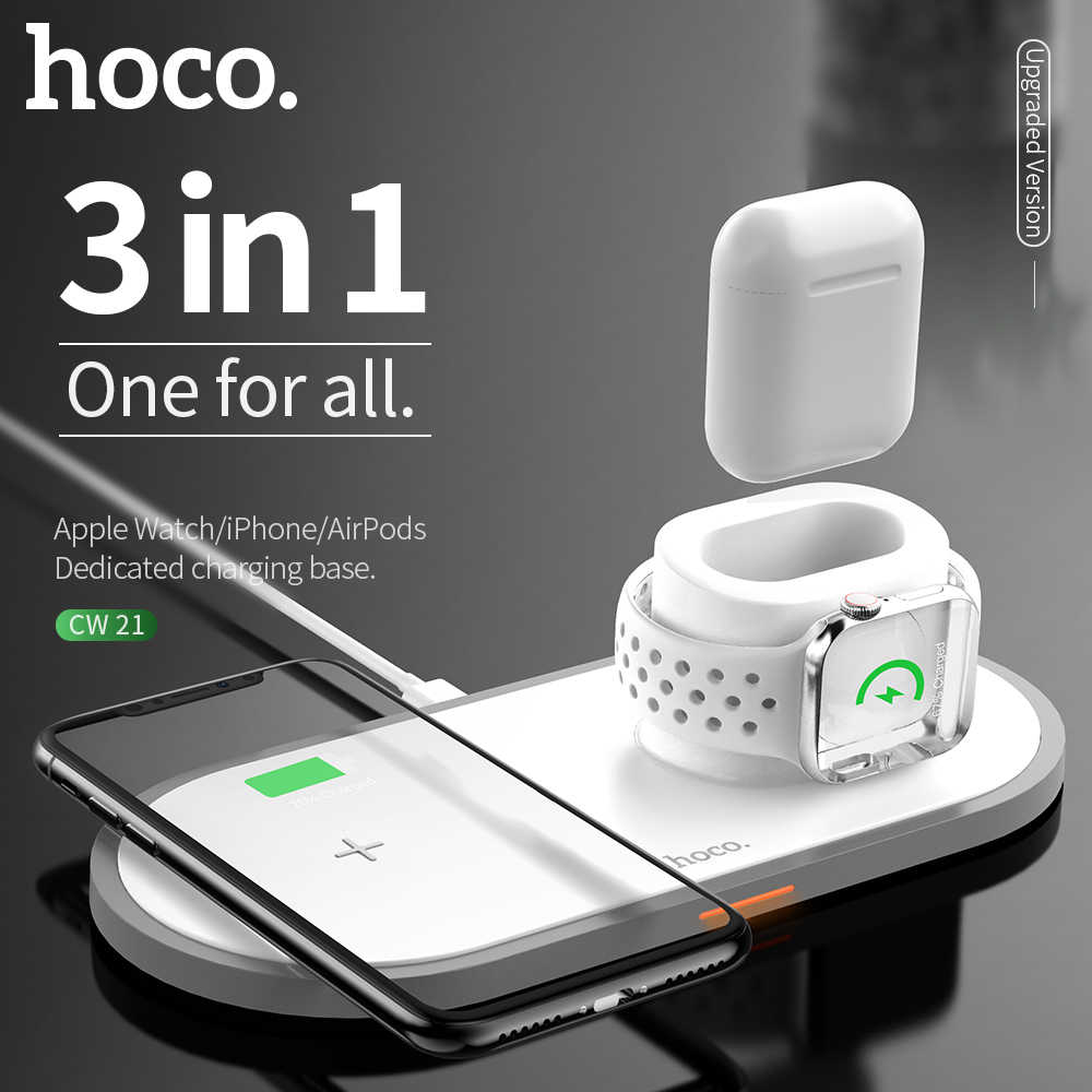 Đế Sạc không Dây 3in1 Hoco CW21 chip sạc thông minh hỗ trợ sạc cho SmartPhone iWatch AirPods, hàng chuẩn làm riêng cho apple. - Sạc không dây Hoco CW 21 + Đầu vào: DC5V/2.0A 9 V/2.0A Max. + 3 Cổng sạc tiện lợi