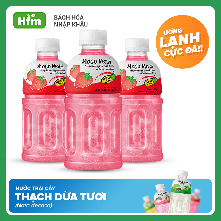 Nước uống Mogu Mogu vị Dâu với Thạch Dừa 320ml x3 chai tươi mát, thạch dừa mềm dai, vị ngọt ngào từ những quả dâu mọng nước thơm ngon