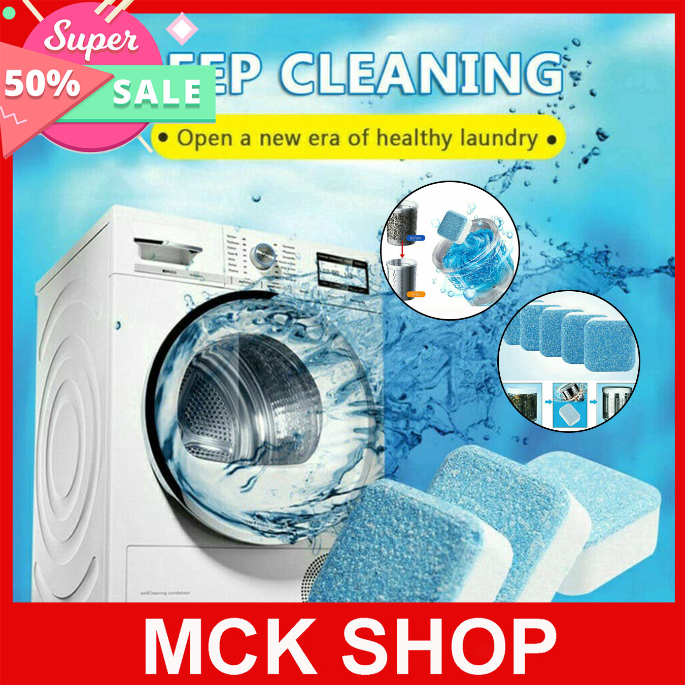 [SIÊU SẠCH MÁY GIẶT] 50 viên tẩy lồng máy giặt, diệt khuẩn và loại bỏ các chất cặn trong máy giặt hiệu quả - 1 hộp 12v - MCK Shop