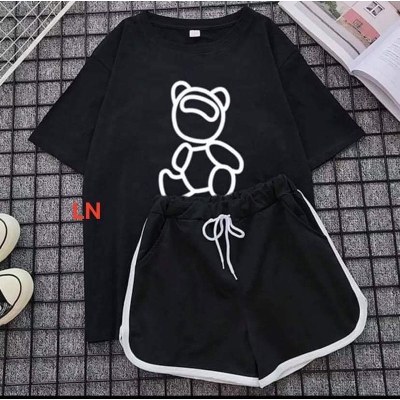 Áo phông gấu nghiêng đầu+quần đùi viền LN11
