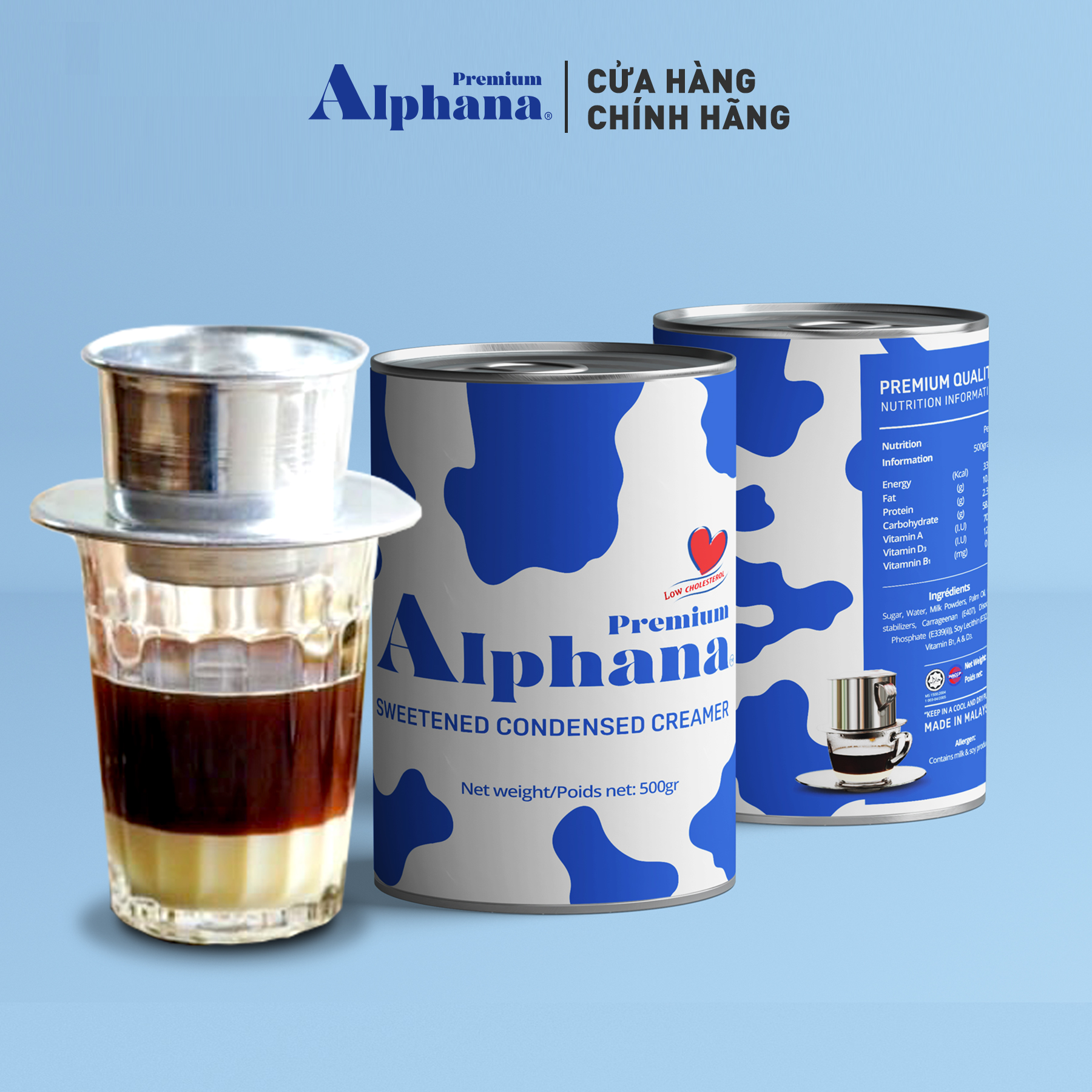 Combo 2 Lon Sữa Đặc Có Đường Creamer Premium Alphana nhập khẩu Malaysia Lon 500g Giàu Protein Vitamin A D3 B1 - Nắp Khui Tiện Dụng