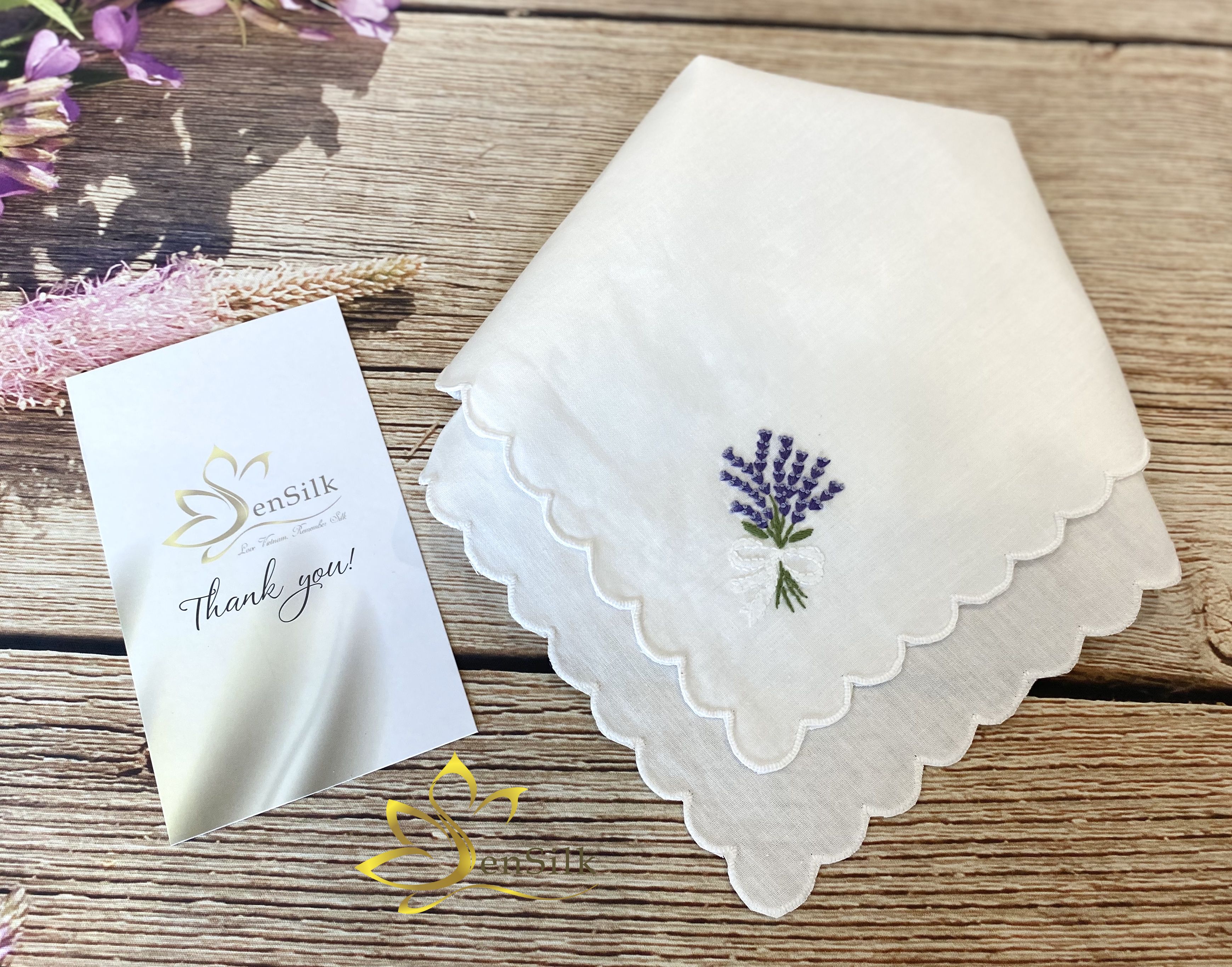 Khăn Tay Thêu - Khăn Mùi Xoa Thêu Tay Hoa Lavender, Khăn Thêu Thủ Công, Handkerchief Hand Embroidery