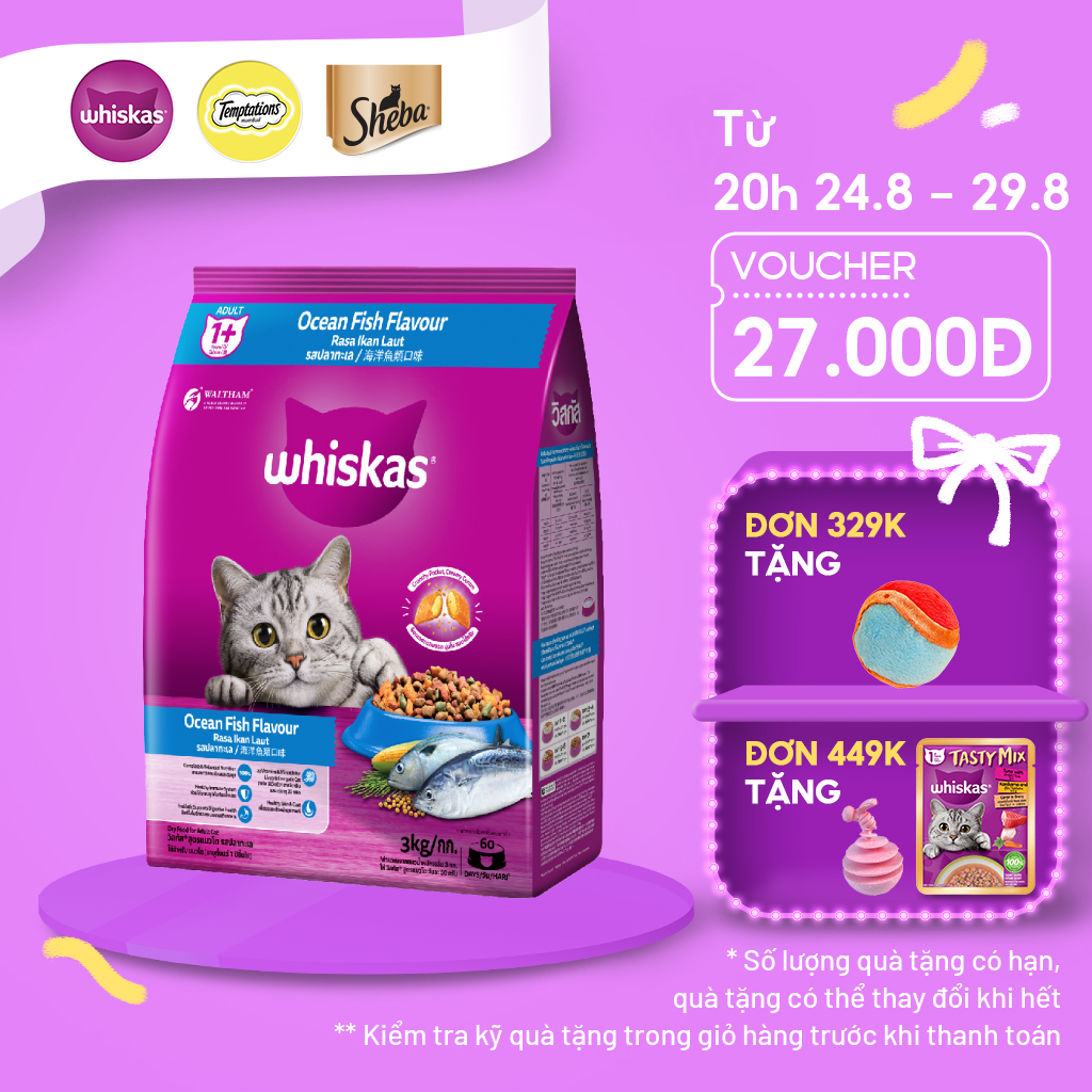 Thức Ăn Hạt Cho Mèo Trưởng Thành WHISKAS vị Cá Biển - 3kg - Dinh Dưỡng Hoàn Thiện & Cân Bằng Cho Mèo Từ 1 Tuổi trở Lên