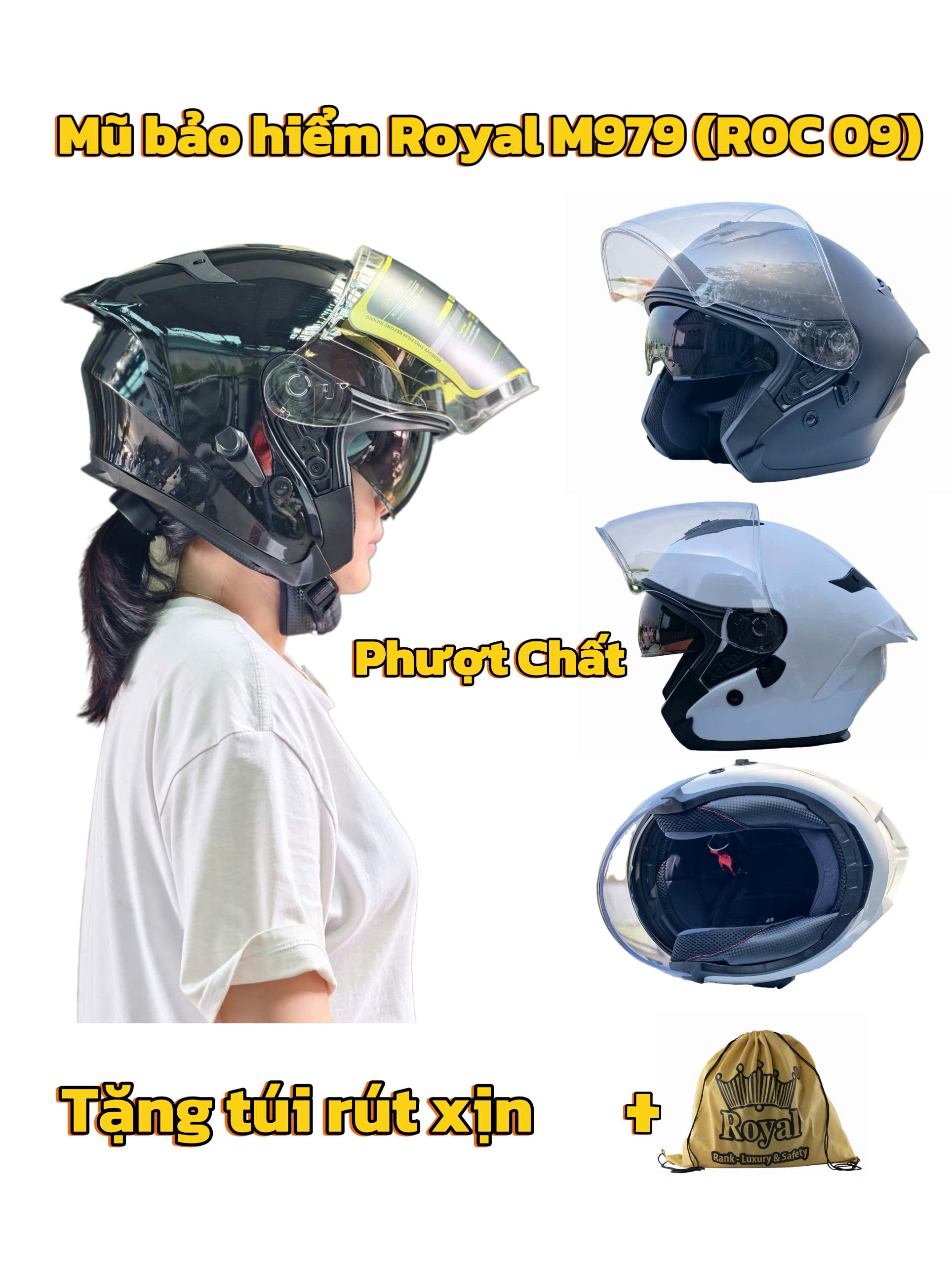 Mũ bảo hiểm Royal M979 ROC 09 -Nón bảo hiểm 3 4 2 kính chính hãng bảo hành 12 tháng,tặng kèm túi rút và khăn trùm đầu xịn sò