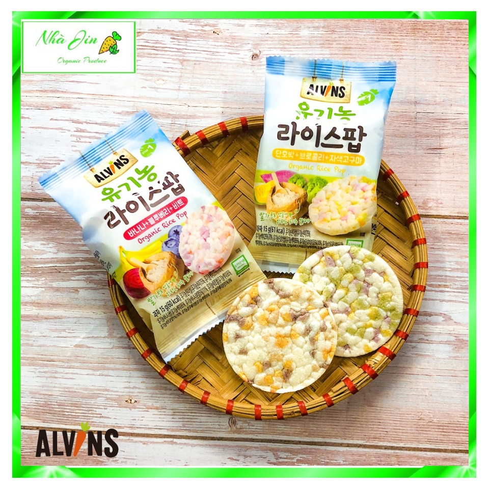 Bánh gạo bỏng ăn dặm hữu cơ cho bé 3 vị trái cây, vị rau củ Alvins 15g