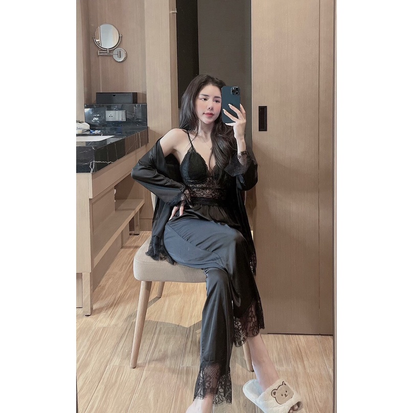 Set đồ ngủ áo 2 dây phối ren sexy kèm áo choàng & quần lụa satin cực mát freesize
