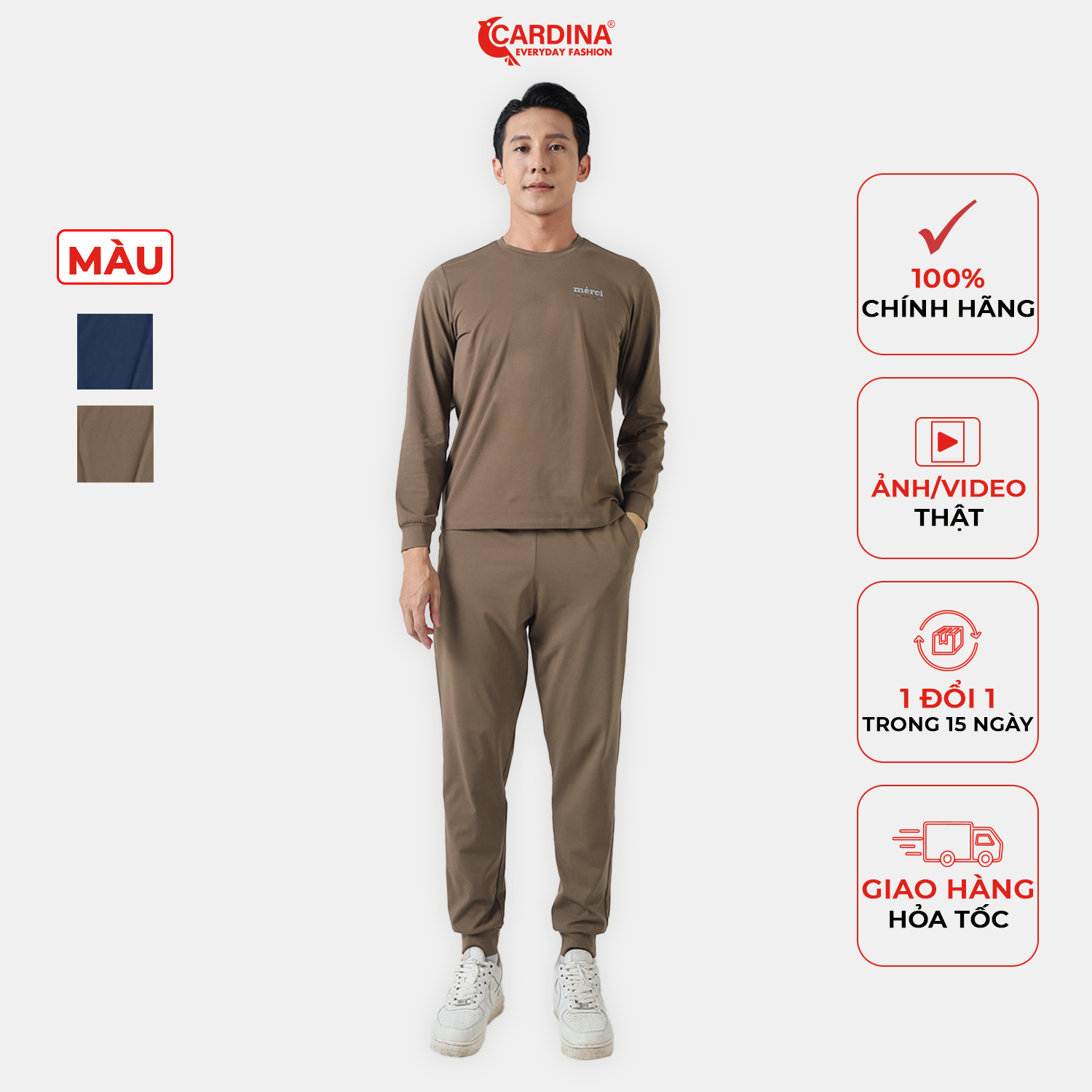 Đồ bộ Nam CARDINA Chất Cotton Cao Cấp In Chữ Áo Dài Quần Dài Bo Gấu Kiểu Dáng Thể Thao 2BTM03