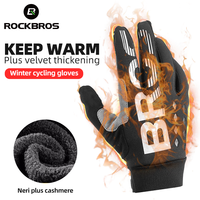 ROCKBROS Găng tay mùa đông xe đạp xe máy SBR nam nữ đầy đủ ngón tay Găng Tay Chống Gió Ấm lông cừu găng tay trượt tuyết thiết bị đi xe đạp