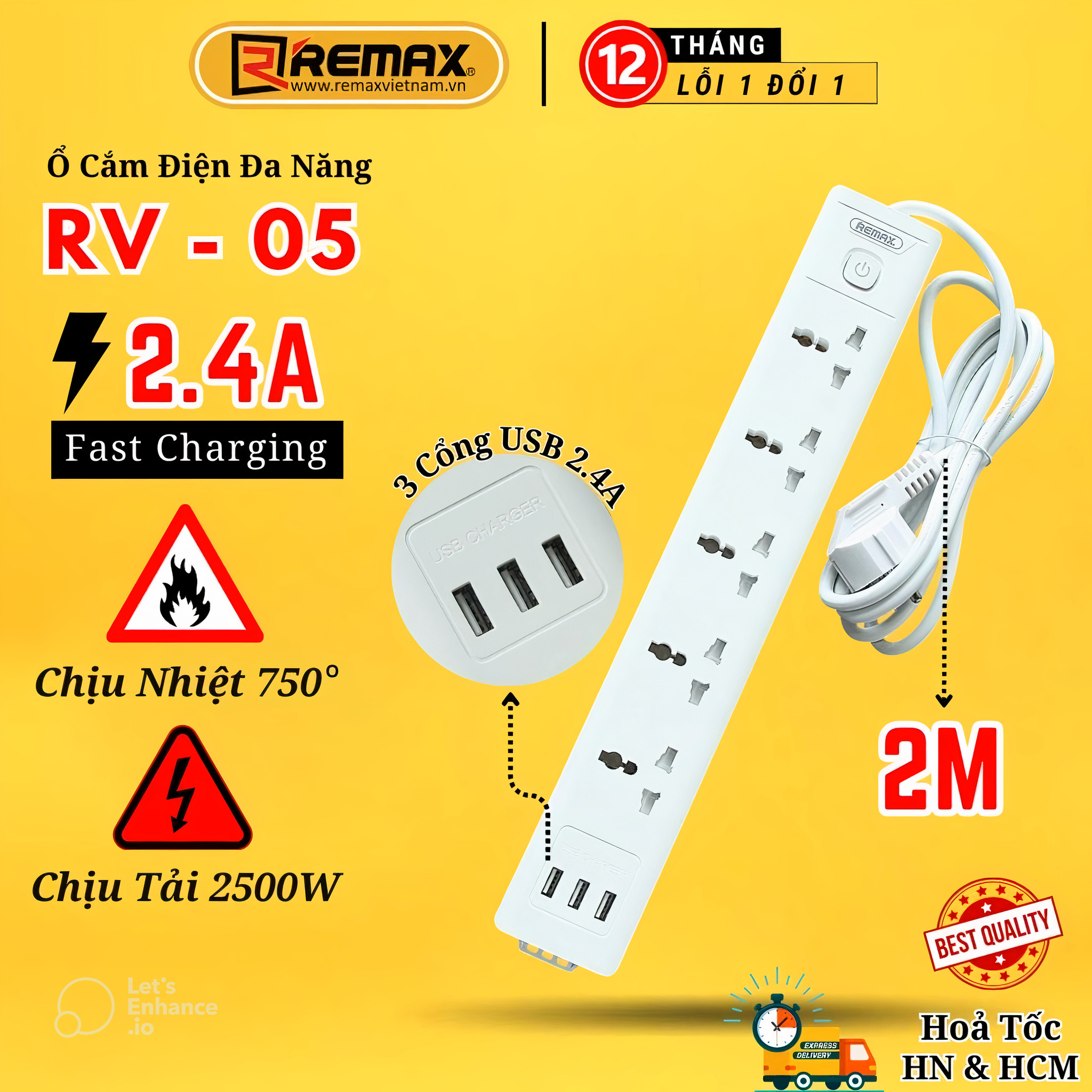 Ổ cắm điện đa năng thông minh remax rv-05 -3 cổng usb 5v-2.4a - 5 ổ cắm - remax việt nam bảo hành 12 tháng 1 đổi 1