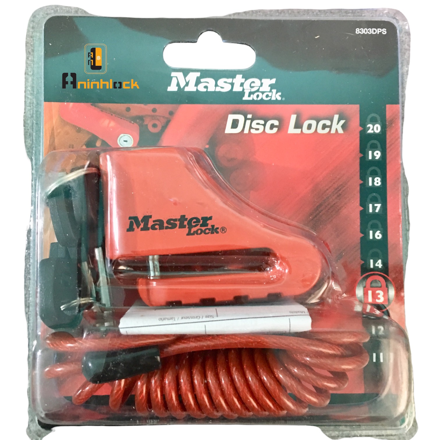 Khoá bánh đĩa xe máy cao cấp Master 8303, chất liệu Thép bọc Sơn tĩnh điện, bảo hành 15 năm