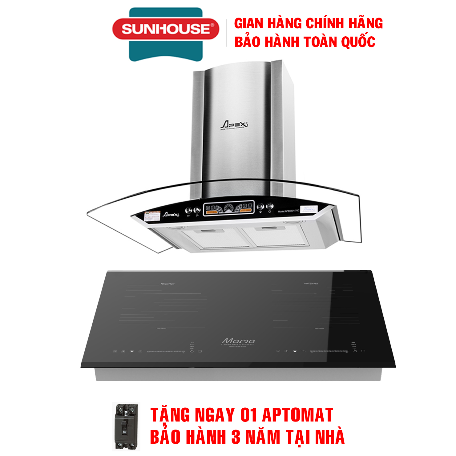 [Trả góp 0%]Combo Bếp từ đôi Sunhouse mama MMB-88HL + Máy hút mùi kính cong Sunhouse Apex APB6601 - Bếp từ đôi bảo hành 36 tháng, Máy hút mùi bảo hành 18 tháng tại nhà