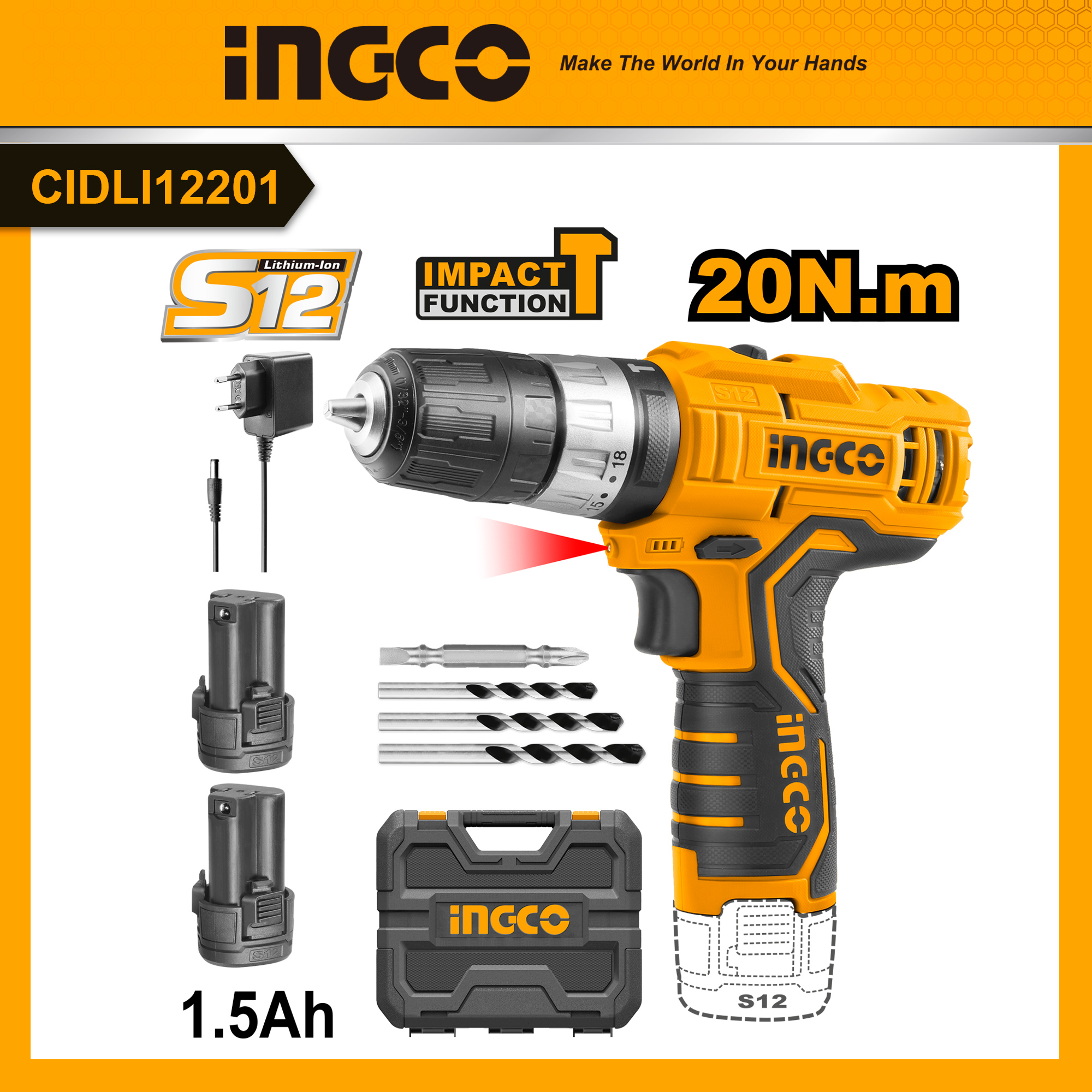 Ingco cidli12201 máy khoan 3 chức năng dùng pin 12v