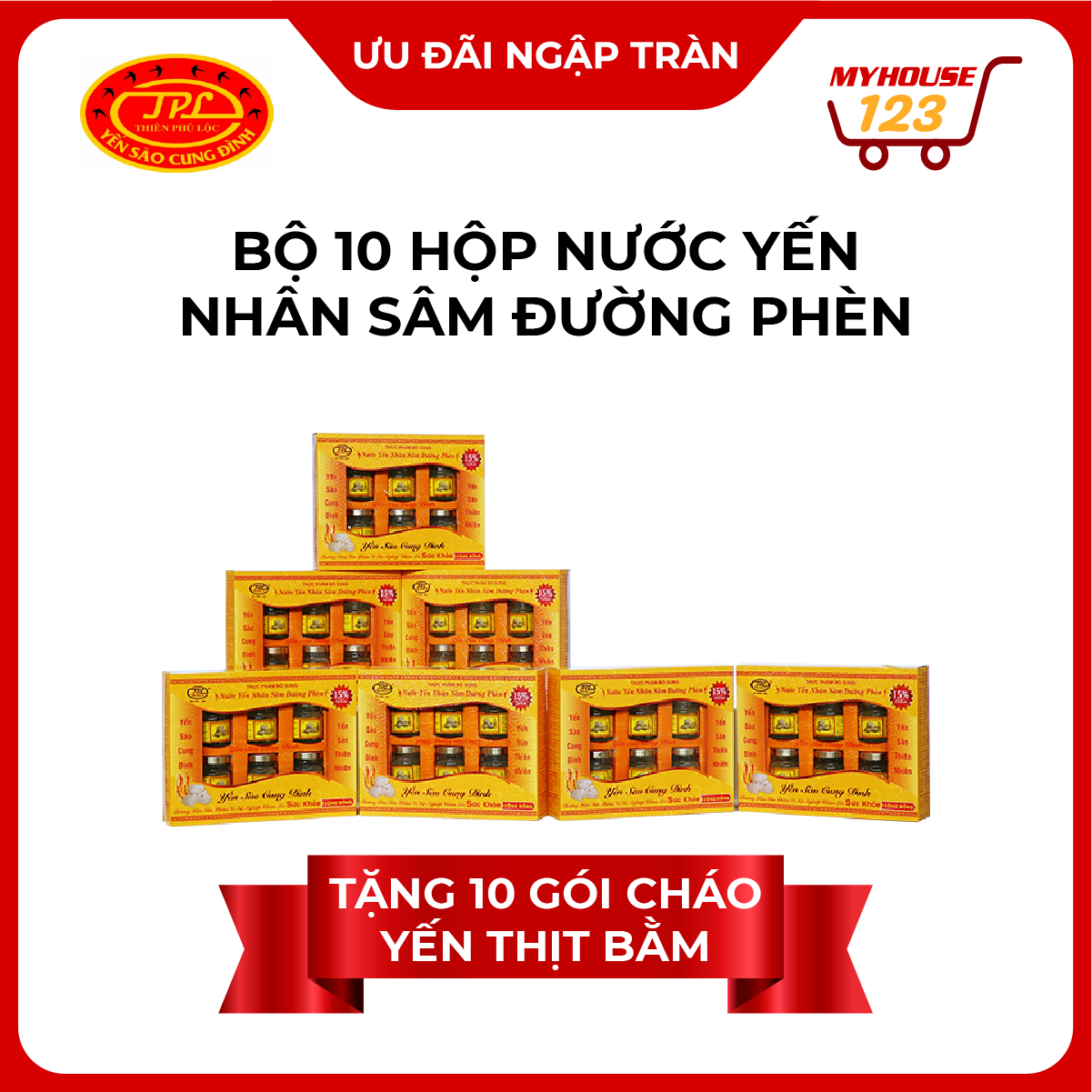 YẾN SÀO CUNG ĐÌNH-Bộ 10 hộp nước yến nhân sâm đường phèn tặng 10 gói cháo yến thịt bằm
