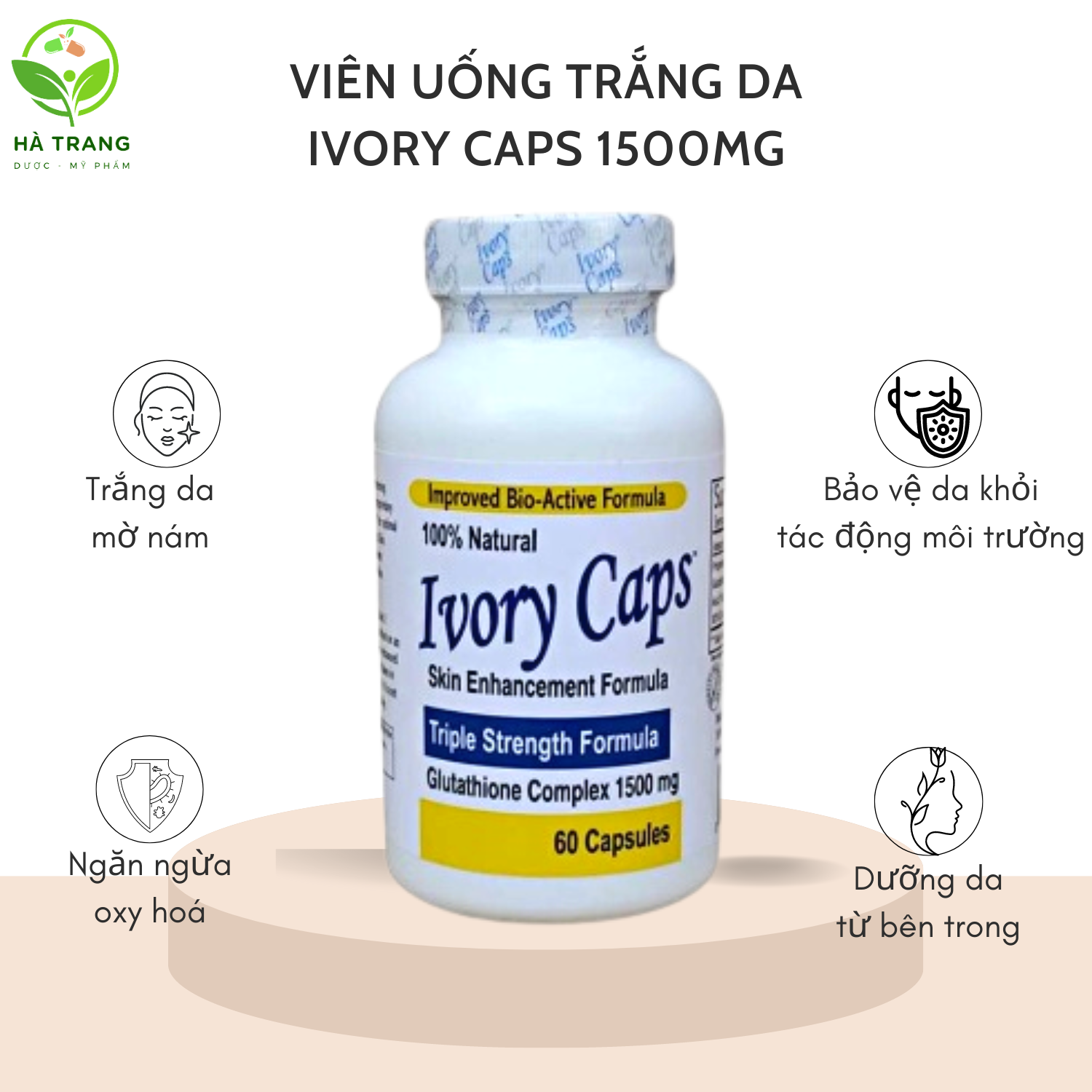 Viên uống trắng da Ivory Caps Glutathione 1500mg lọ 60 viên USA
