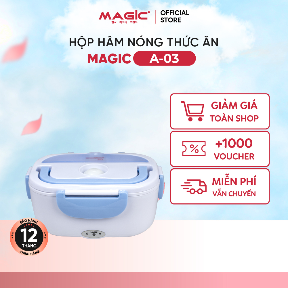Hộp hâm nóng thức ăn Magic Korea A-03 (Xanh-Cam),dung tích 1.5L,thiết kế nhỏ gọn dễ di chuyển phù hợp mang đi du lịch,chất liệu nhựa PP cao cấp,nắp gài chắc chắn,tay cầm tiện lợi,dễ dàng vệ sinh,CS 40W,bảo hành chính hãng 18 tháng