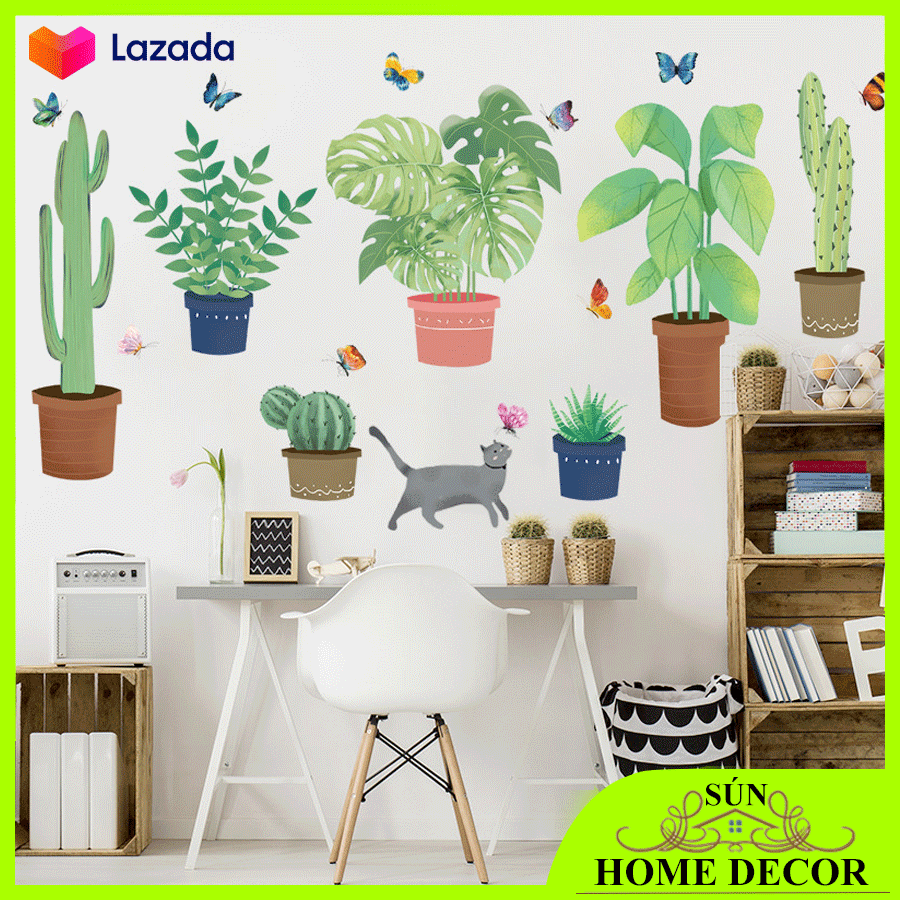 [ĐẠI HẠ GIÁ] Decal dán tường nhiều chi tiết chậu cây xanh và động vật, tranh trang trí phòng khách, phòng ngủ siêu đẹp