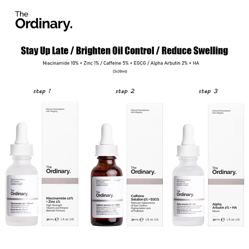 The Ordinary Bộ Mỹ Phẩm Cho Người Thức Khuya Niacinamide 10% + Zinc 1% / Alpha Arbutin 2% + Ha / Caffeine 5% + Egcg - 3×30ml