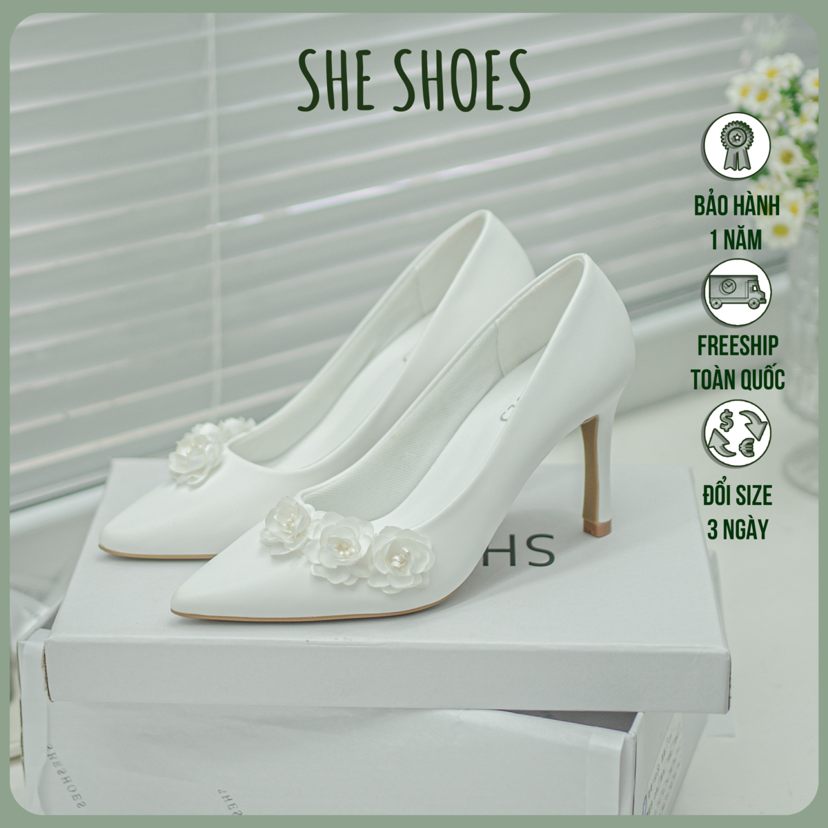Giày Cưới da PU gót nhọn đính viền 3 nhụy chéo VIE, ĐỘC QUYỀN BỞI SHESHOES