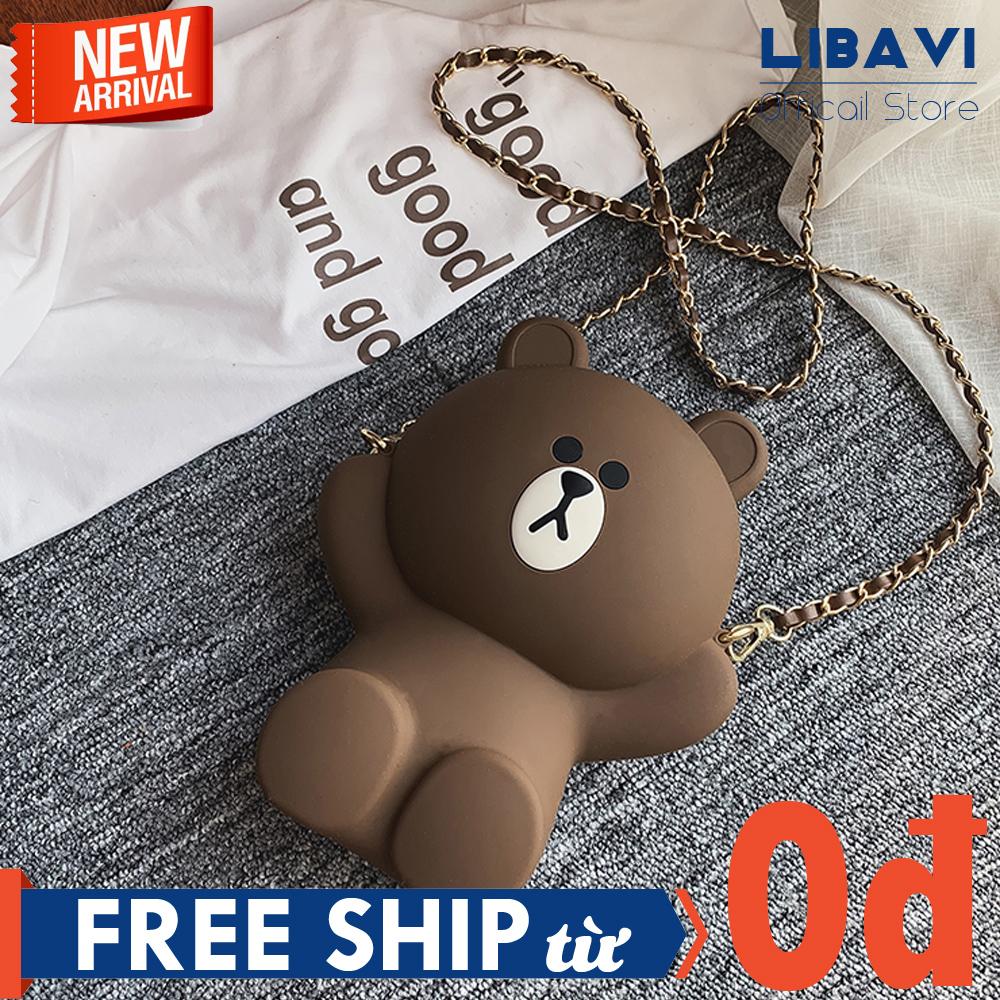 Túi Xách Đeo Chéo Thời Trang Nữ, Chất Silicon Mêm Siêu Bền Bỉ, Đựng Được Điện Thoại, Họa Tiết Hình Gấu Nâu Siêu Ngầu, Phong Cách Hàn Quốc, 2 Dây Lựa Chọn T04