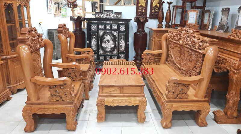 [HCM]Bộ salon gỗ gõ đỏ tay 14 mặt liền dày 3cm trạm rồng bát tiên