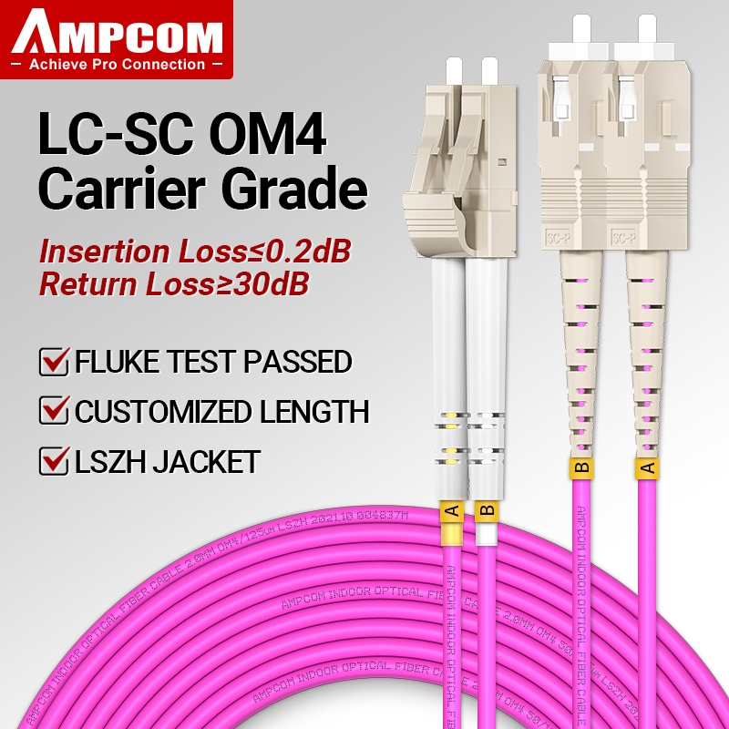 Ampcom om4 lc để sc upc sợi quang vá cáp multimode duplex mmf 50/125μm 40gbps uốn cong không nhạy cảm 2.0mm sợi quang dây