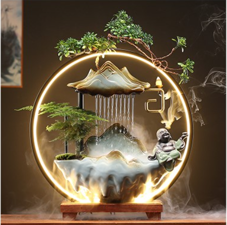 Thác khói hương trầm phong thủy ông Di Lạc may mắn , Thác nước hương trầm có đèn led hàng cao cấp