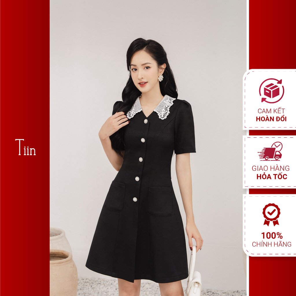Váy cổ ren nẹp khuy túi ốp tiinstore vdn717