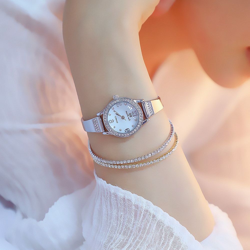 Đồng hồ nữ bs bee sister 1351 dây thép không gỉ, size mini cực xinh, viền đính đá sang trọng - Tặng kèm hộp và pin dự phòng