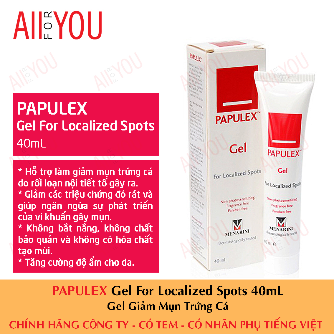 Papulex gel for localized spots 40ml - gel dưỡng làm giảm mụn trứng cá, mụn nội tiết tố.