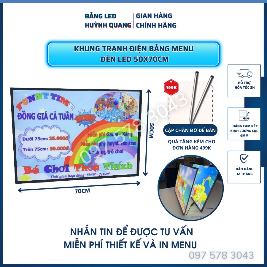 Bảng hộp đèn led menu kích thước 50x70cm, khung tranh điện để bàn, treo tường, hộp đèn quảng cáo
