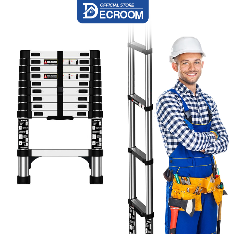 DECROOM Thang Nhôm Rút Xếp Đơn Cao Cấp 2.7M-4.3M, Thang Nhôm Rút, Thang Gấp Nhôm, Thang Thẳng, Ống Thang Nhôm Liền Khối, Không Có Ngấn Nối