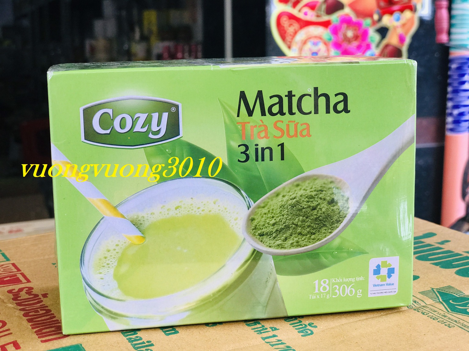 Trà sữa matcha cozy hòa tan 3 trong 1 hộp 306g 18 gói