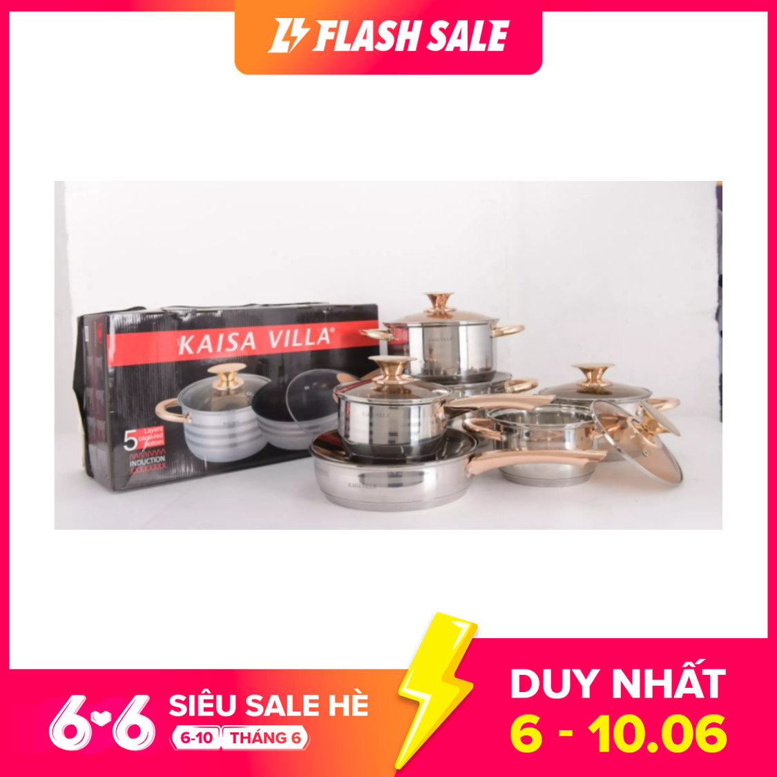 Bộ nồi Inox Kaisa Villa 6 món 12 chi tiết ( thích hợp cho mọi loại bếp)