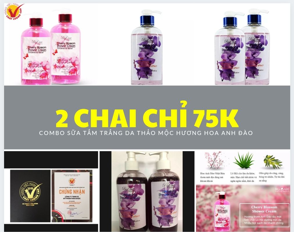Cơmbo 2 chai sữa tăm trắng da thảo mộc hoa anh đào 500ml 1 chai