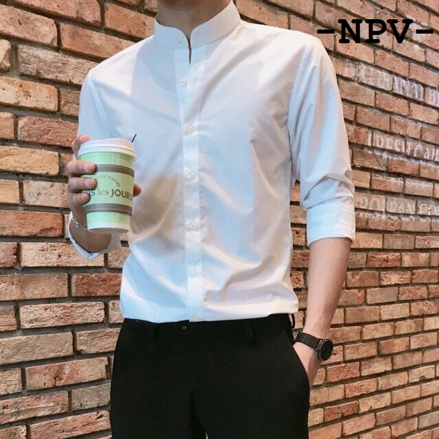 Áo sơ mi lụa dài tay NPV cao cấp sơ mi nam cổ tàu dáng ôm body năng động 2 màu cơ bản