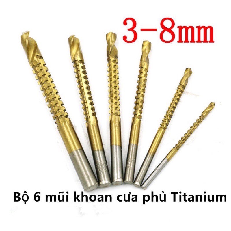 Bộ 6 mũi khoan cưa gỗ,nhựa, mica, nhôm, đồng, sắt mỏng 3-8mm phủ titan