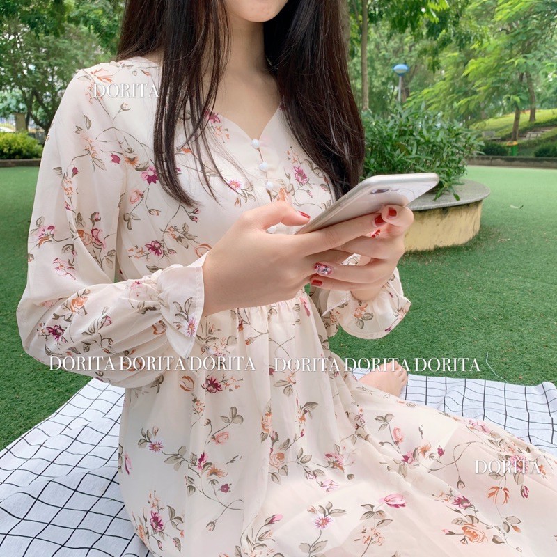 Váy hoa ullzang dáng dài cổ tim voan tơ