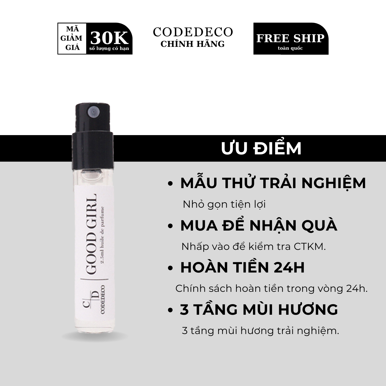 Tinh dầu nước hoa codedeco good girl vial 2.5ml ngọt ngào, gợi cảm