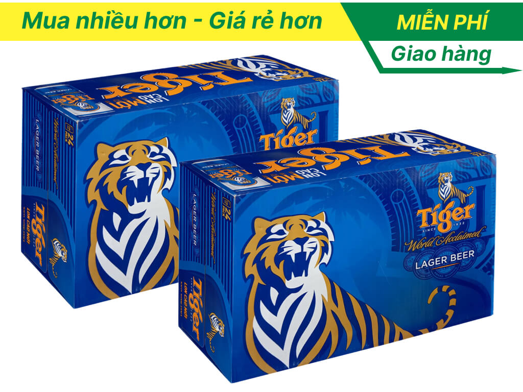 Thùng 24 lon bia tiger xanh 330ml. bao bì trúng thưởng