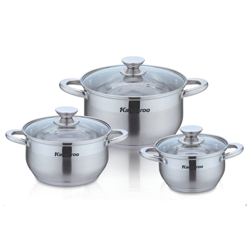 Bộ nồi inox 3 chiếc, size 16-20-24 kangaroo kg878 thu nhiệt nhanh và đảm bảo vệ sinh an toàn thực phẩm.