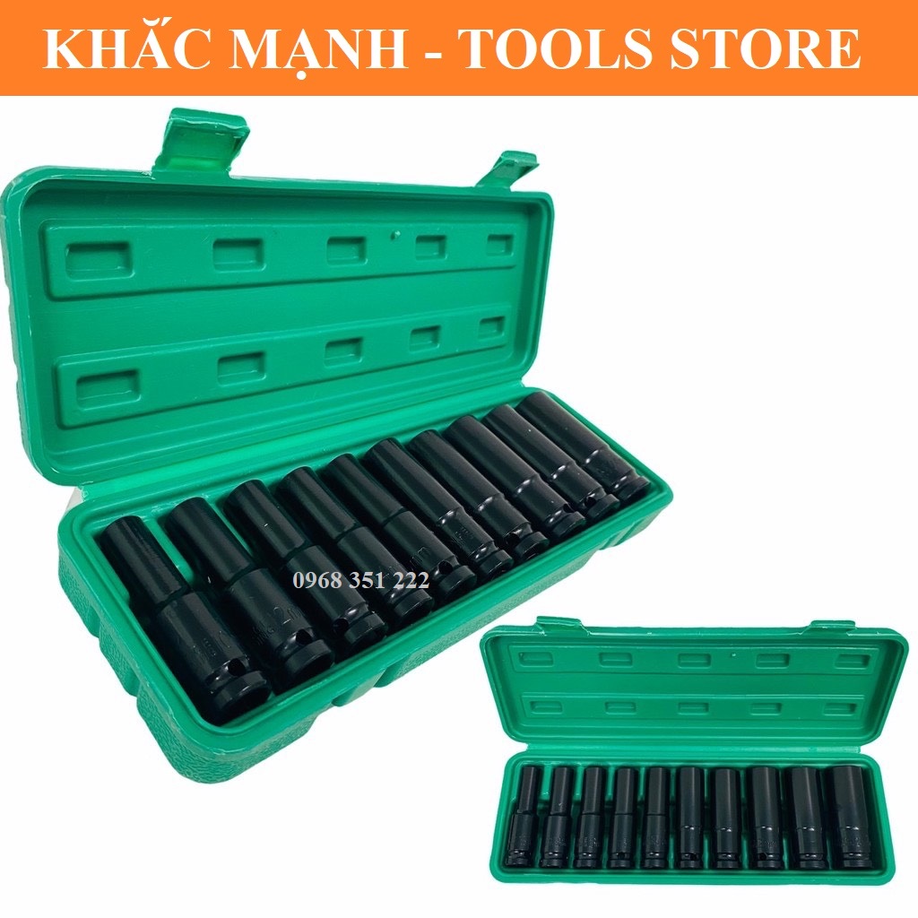 Bộ hộp 10 khẩu cao cấp đen dài cho máy siết bulong
