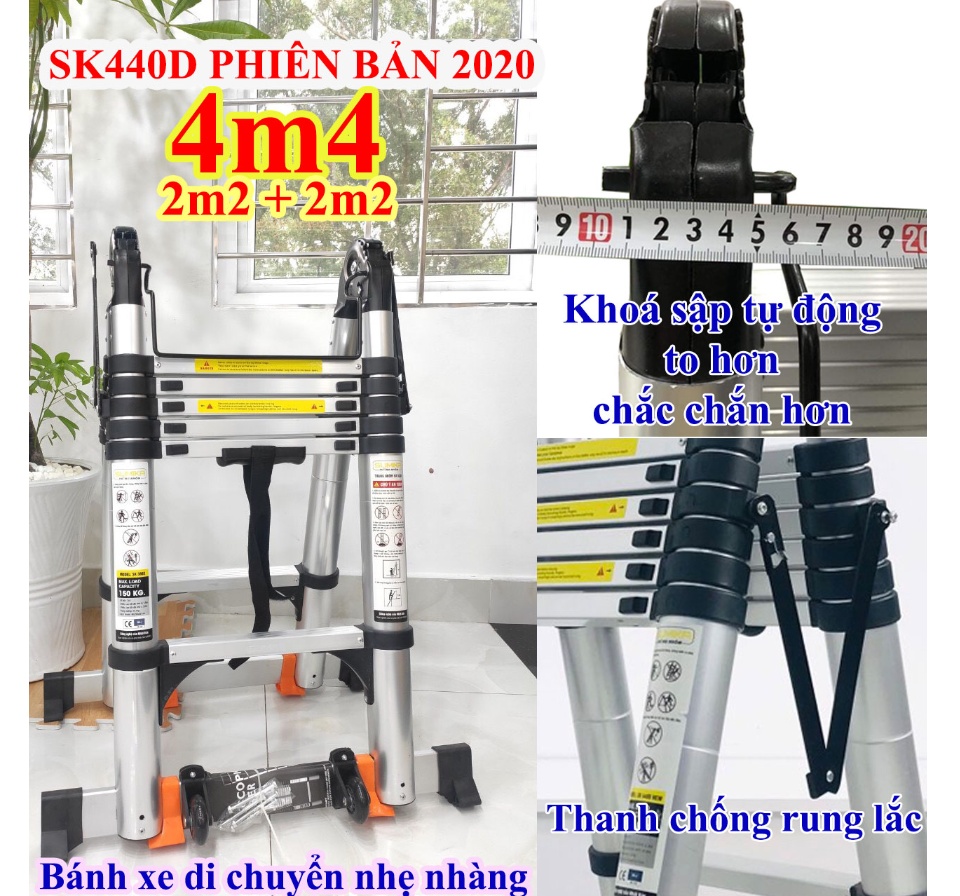 Thang Nhôm Rút Sumika, Thang Nhôm Rút Chữ A SUMIKA SK440D New Chữ A 2m2- Chữ I 4m4, Công Nghệ  Nhật Bản 2x7 Bậc, Tải Trọng 300kg. Chống Lắc