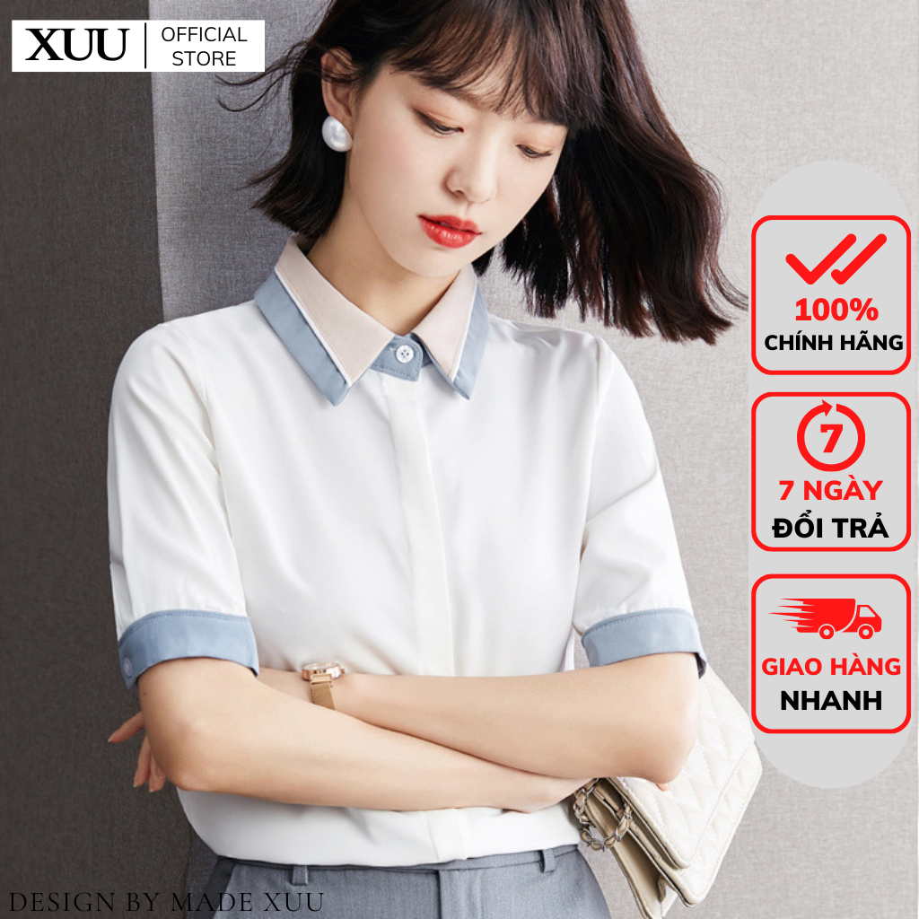 Áo sơ mi nữ trắng cộc tay cổ đức phối màu giấu cúc Xuu Design