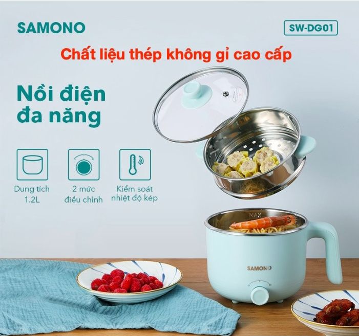 Nồi điện đa năng - samono sw-dg01 - dung tích 1.2l - có xửng hấp nấu lẩu hấp rau nấu chè tùy thích
