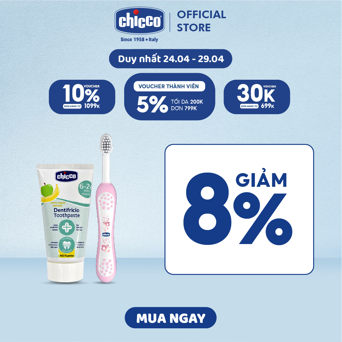 Combo Kem đánh răng Chicco hương Chuối - Táo dành cho bé từ 6m + Bàn chải đánh răng Bướm hoa Chicco