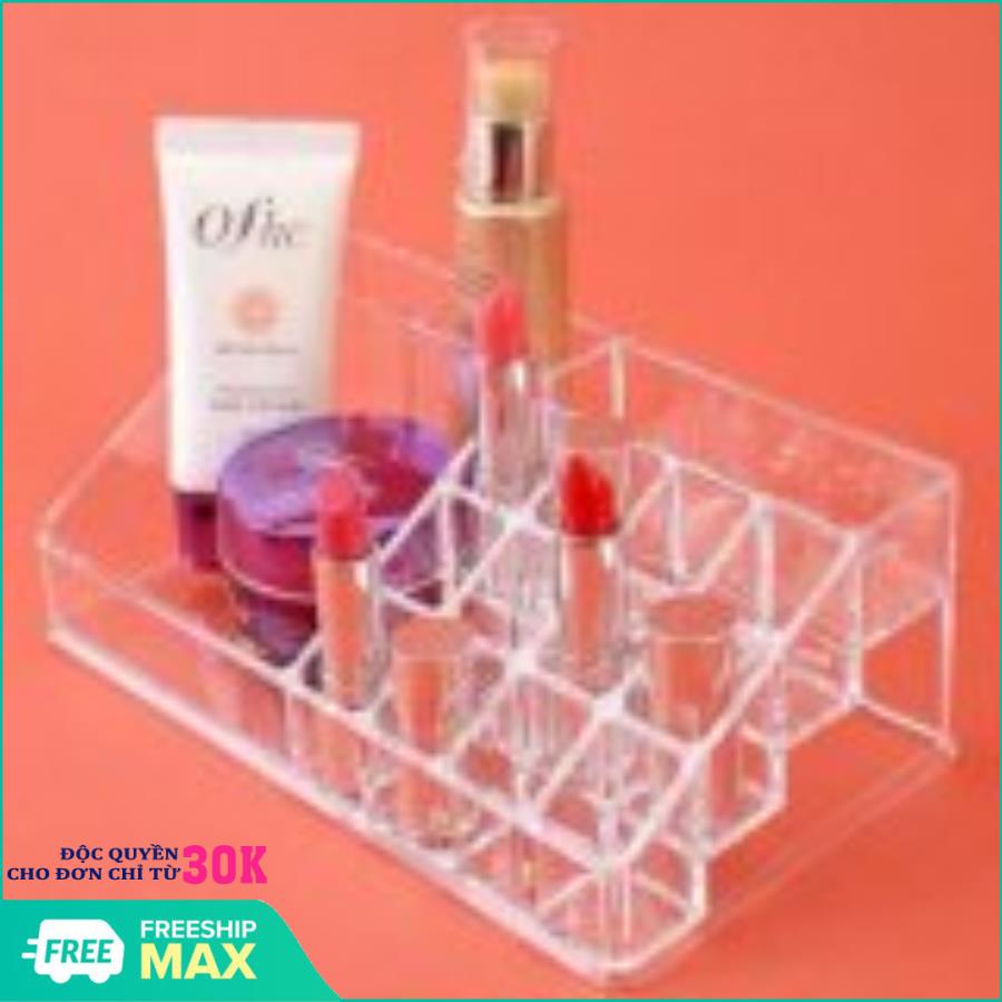 Khay đựng mỹ phẩm 16 ngăn tiện dụng - Kệ đựng son mỹ phẩm mica trong suốt cao cấp loại dày - Khay để son và dụng cụ make up đa năng