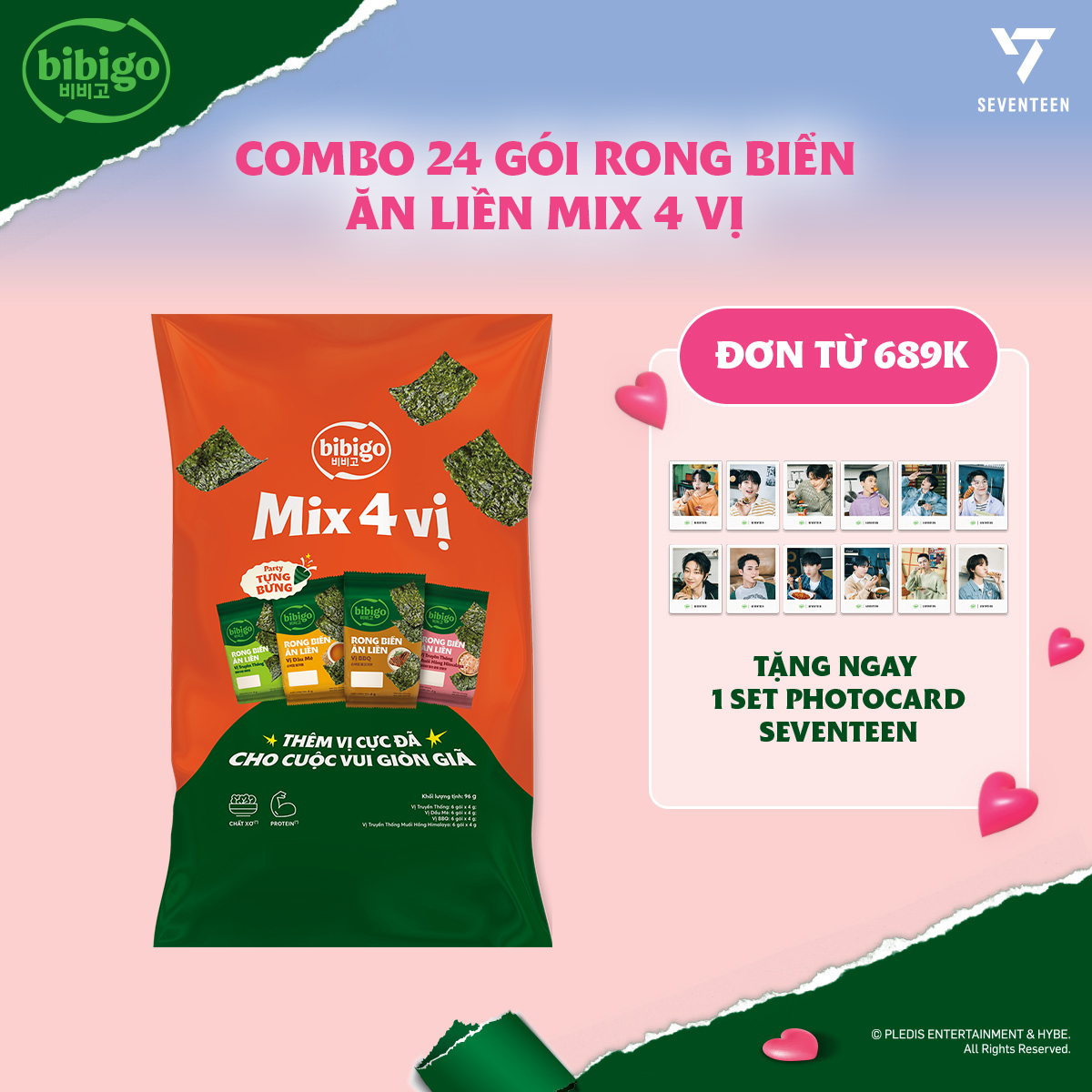 [Đơn 689k tặng 1 bộ Seventeen] Túi 24 gói Rong biển ăn liền lá kim 4 Vị BiBiGo (Truyền thống/BBQ/Dầu mè/Muối Hồng) ( 1 túi = 24 gói)