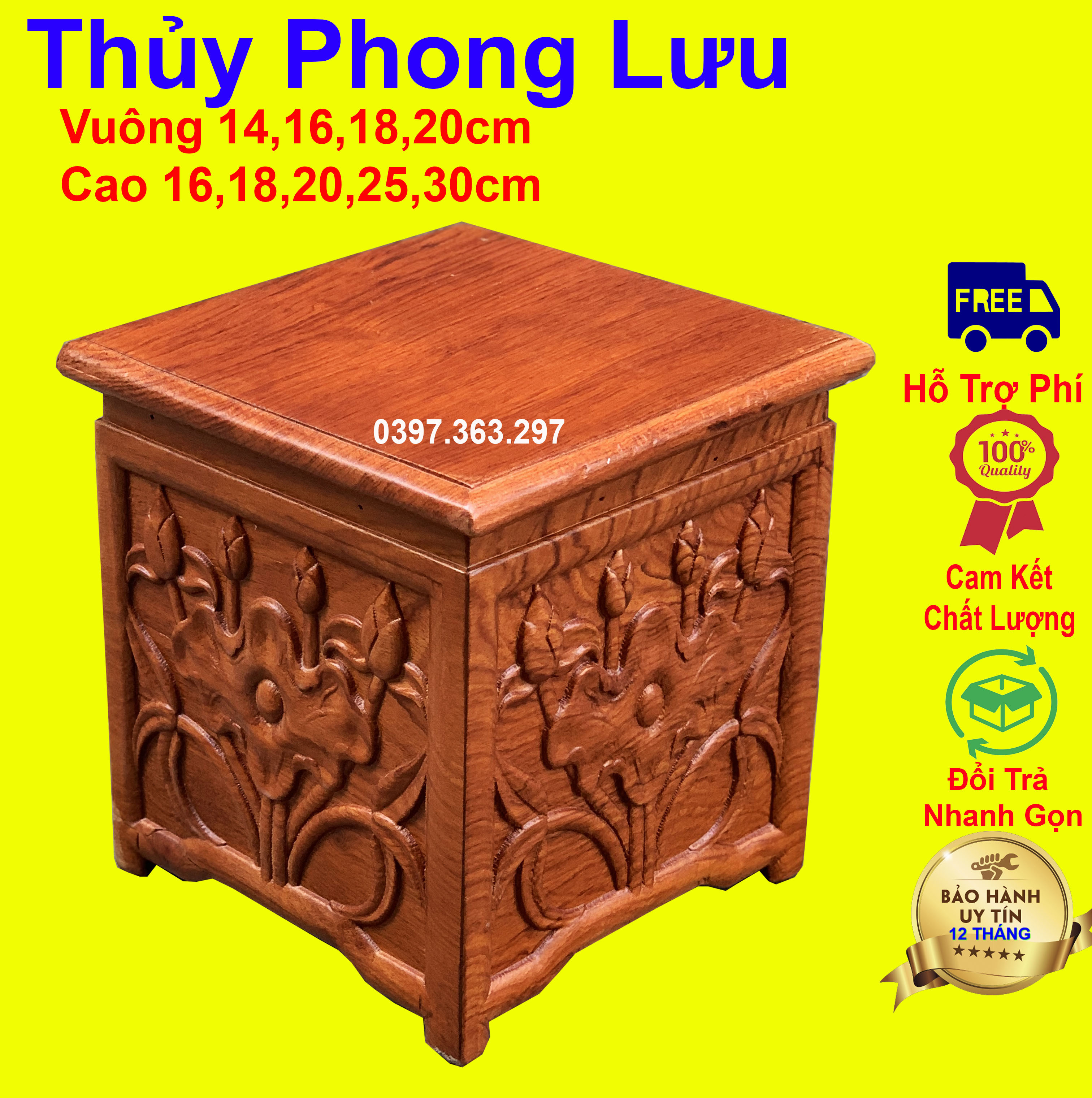 Đôn hoa sen đế bát hương kỷ hoa sen gỗ hương kỷ sen có kích thước mặt 16,18,20,25cm