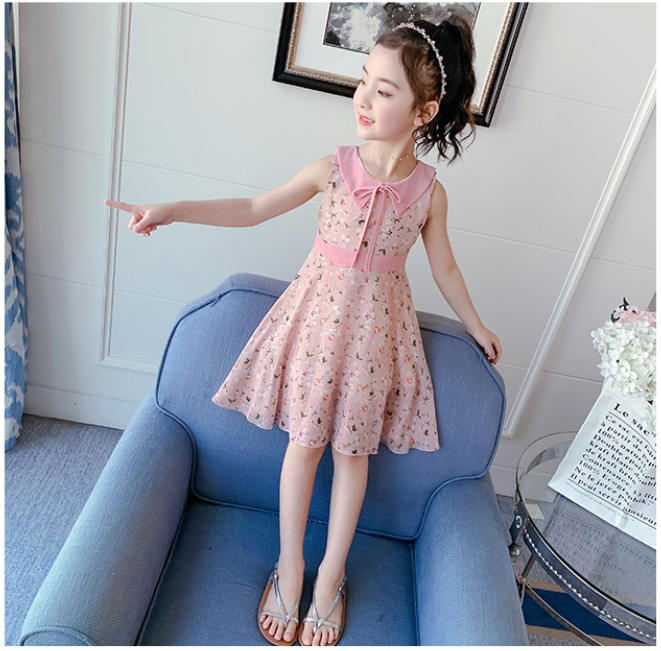 Váy voan bé gái 💖 váy voan hoa bé gái cao cấp, sát nách, cổ sen vuông thắt nơ, eo cắt rời phong cách Hàn Quốc